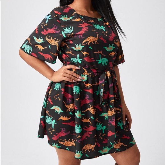 Jla veux !!! Plus All Over Dinosaur Print Belted A-line Dress Size 0X - Picture 3 of 11
